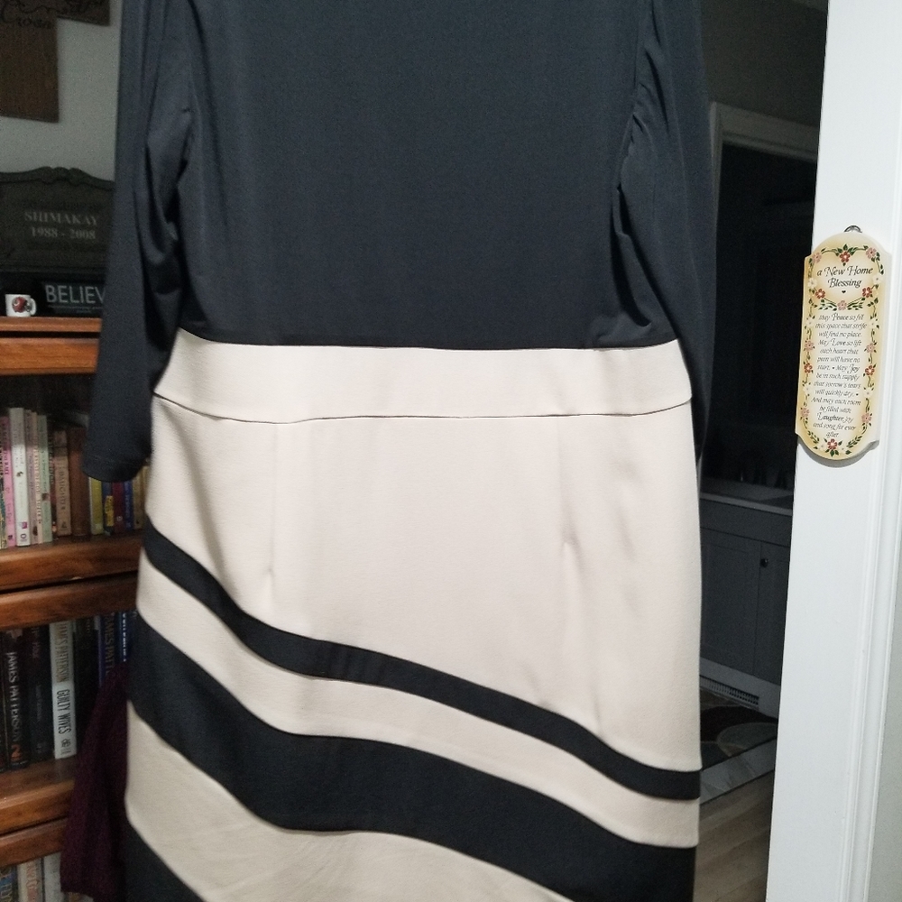 One piece dress Black, tan bottom, swooped neckline.